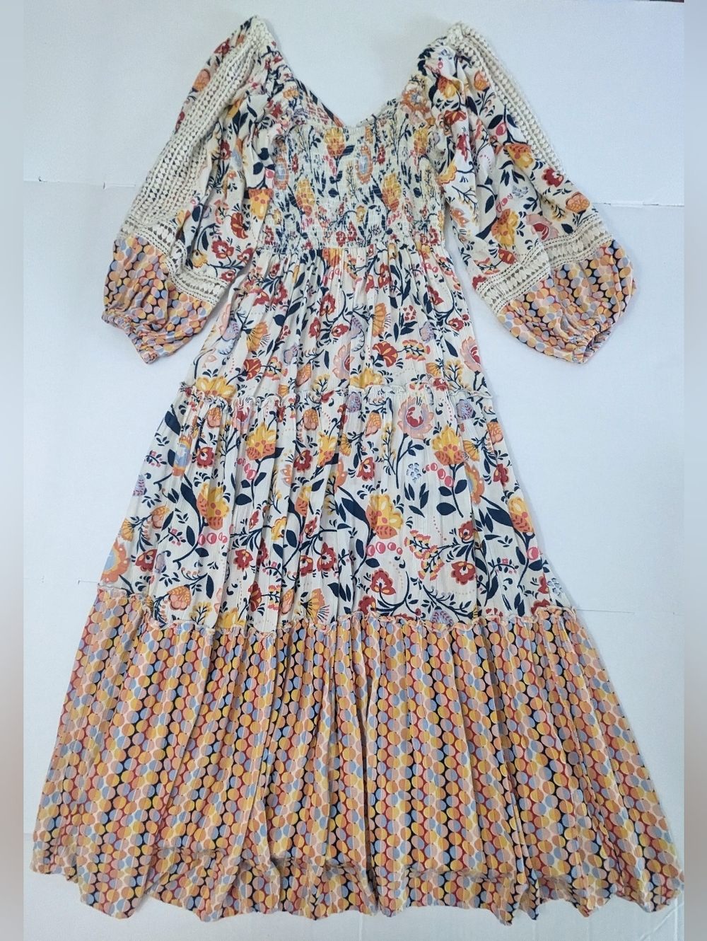 ANGIE Bohemian Maxi Dress Floral Print Puff Sleeve Lace Trim Size M NWOT